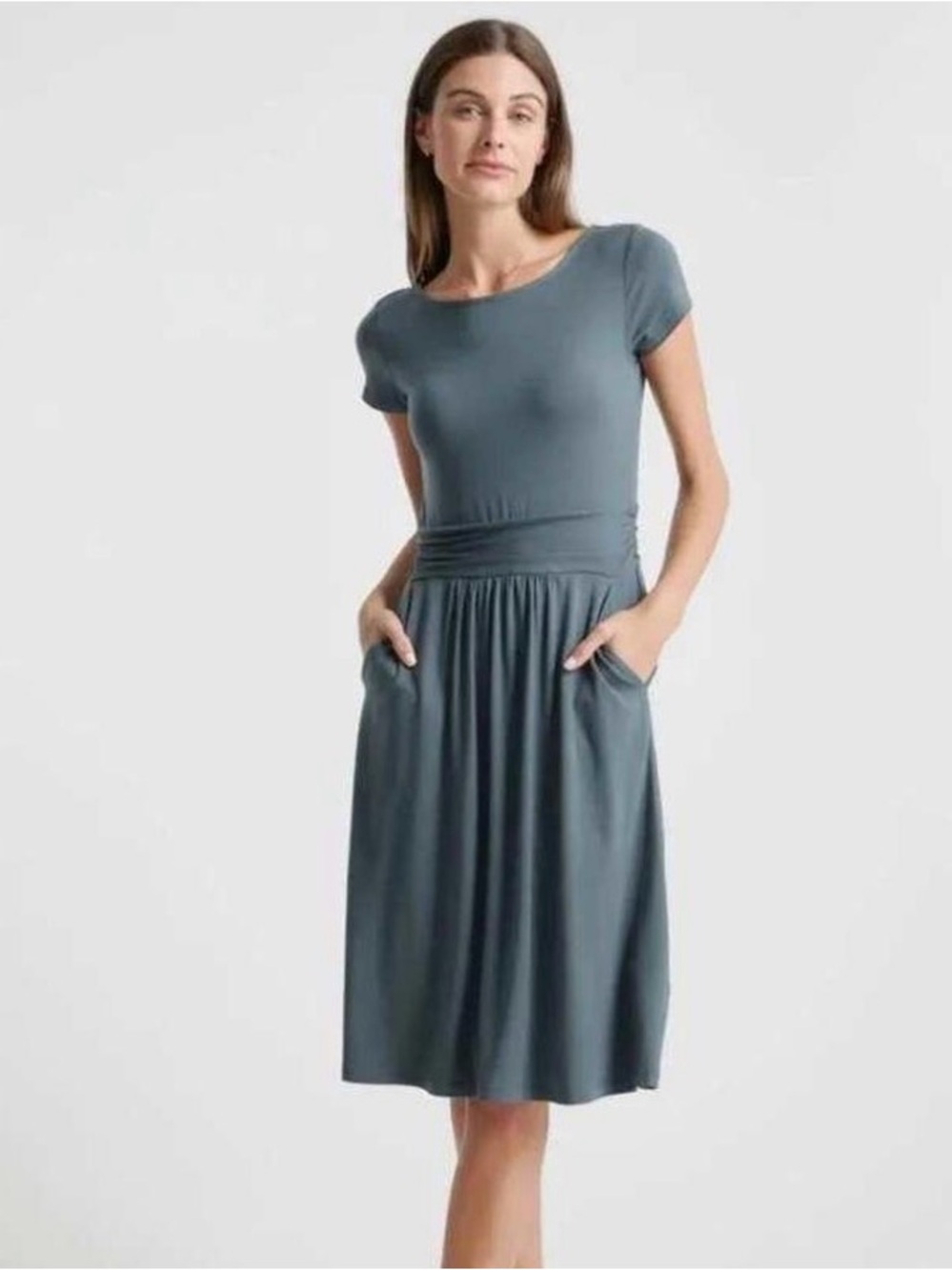 Quince! Women's Short Sleeve Pocket Dress in Slate Blue